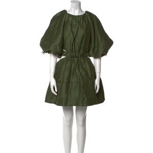 Aje. Mimosa Mini Dress Olive Green Puff Sleeves Cut out Silk linen